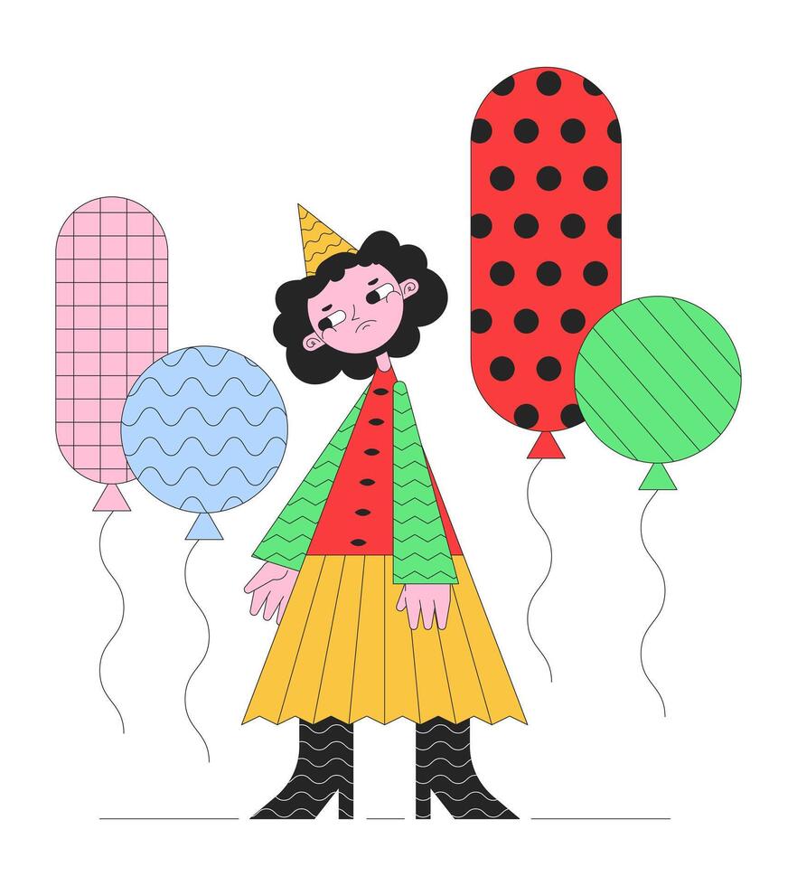 triste fiesta niña 2d lineal ilustración concepto. flotante globos maravilloso dibujos animados personaje aislado en blanco. linda geométrico figura Deprimido cumpleaños metáfora resumen plano contorno gráfico vector