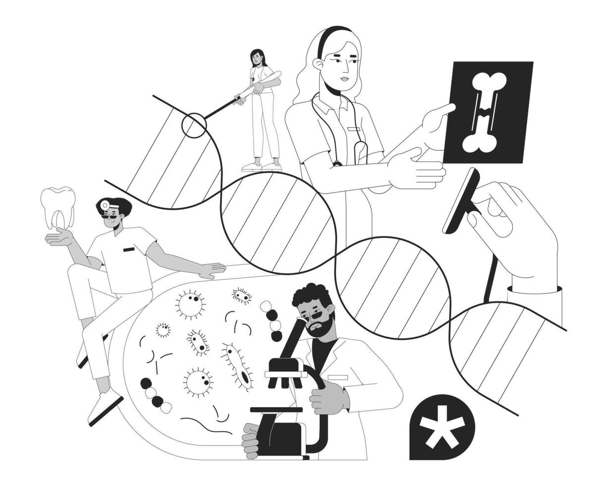 Medical care services black and white 2D illustration concept. Multiethnic doctors conducting examination cartoon outline characters isolated on white. Healthcare metaphor monochrome art vector