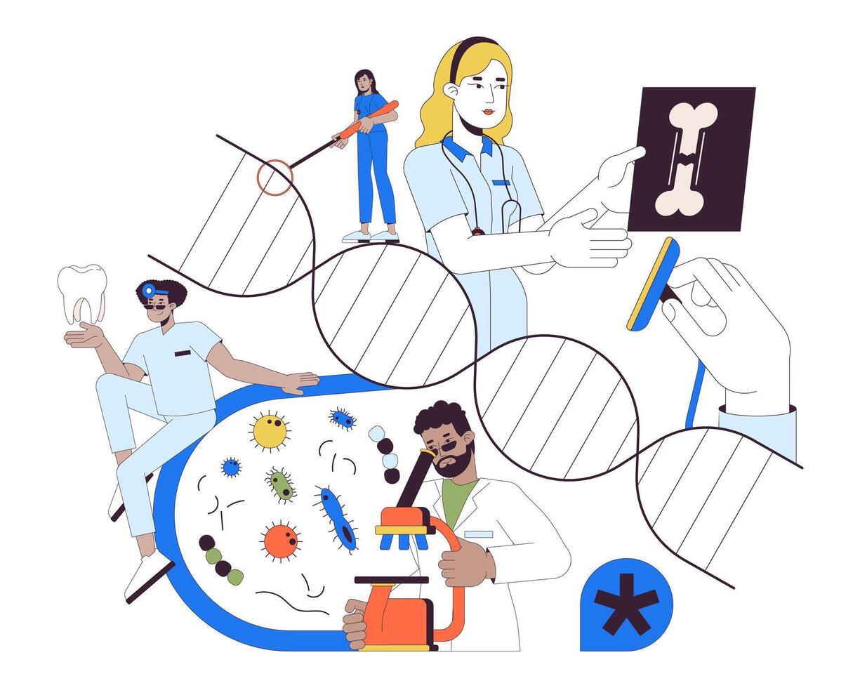 Medical care services 2D linear illustration concept. Multiethnic doctors conducting examination cartoon characters isolated on white. Healthcare metaphor abstract flat outline graphic vector