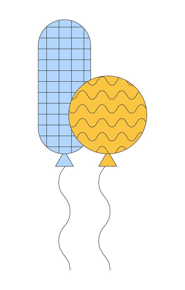 Floating pair of balloons on strings 2D linear cartoon object. Party decorations isolated line element white background. Festive baloons. Birthday childhood color flat spot illustration vector