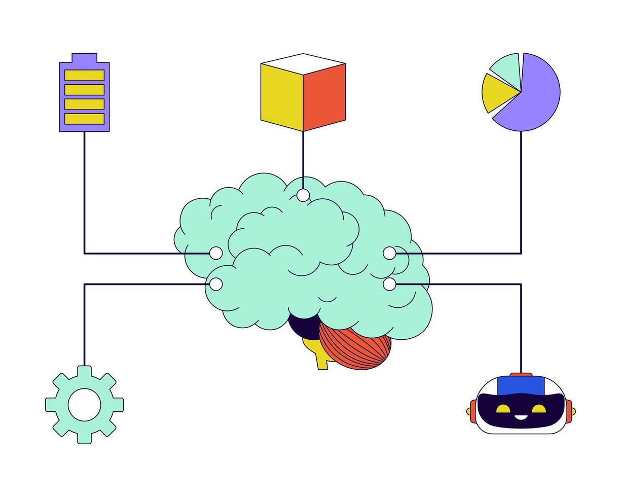 Digital brain machine learning 2D linear cartoon object. Artificial intelligence tools isolated line element white background. Data science, robotics, computing color flat spot illustration vector