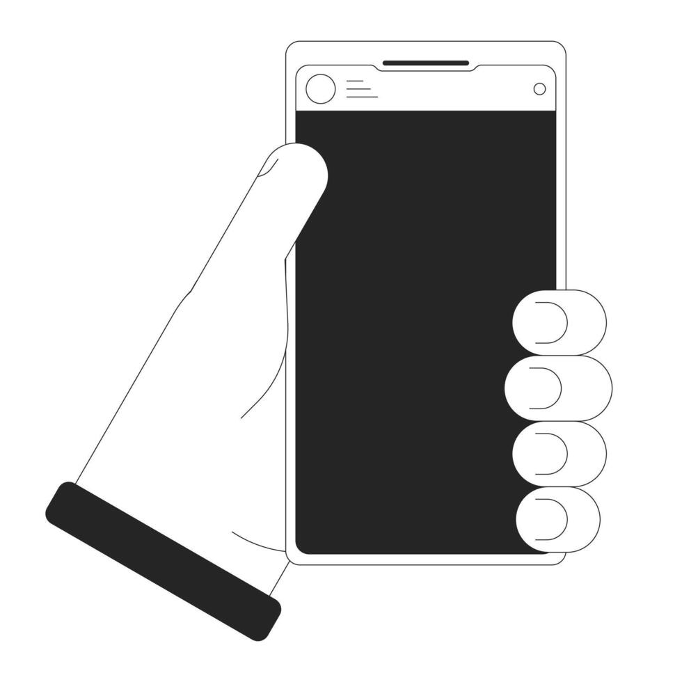 Holding smartphone cartoon human hand outline illustration. Using mobile phone 2D isolated black and white image. Cellphone in hand. Cell phone carrying flat monochromatic drawing clip art vector