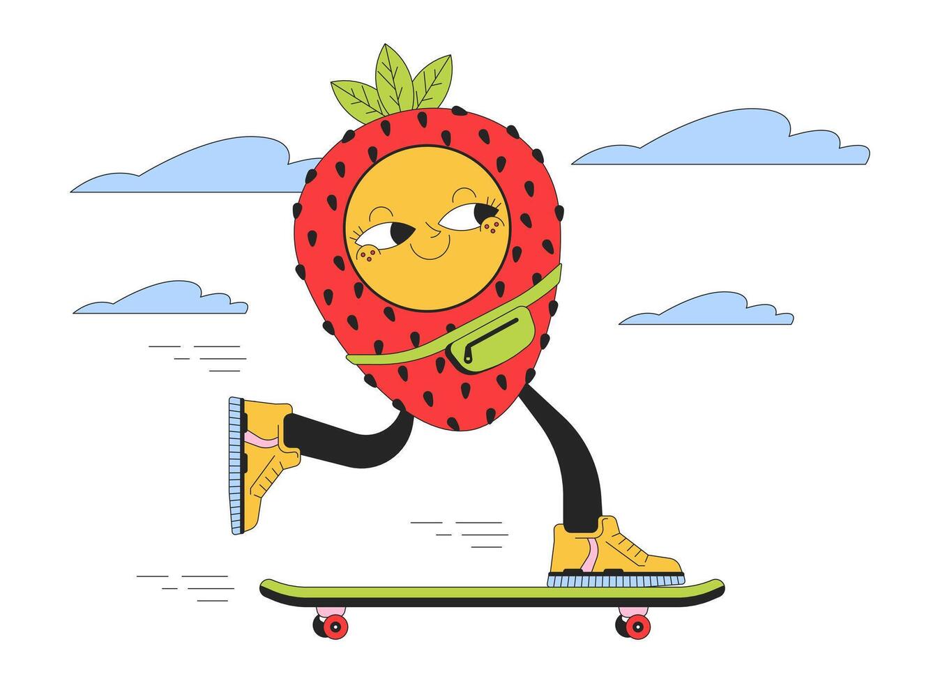 Strawberry skateboard 2D linear illustration concept. Retro groovy cartoon character isolated on white. Cute geometric figure skateboarder teenage boy metaphor abstract flat outline graphic vector