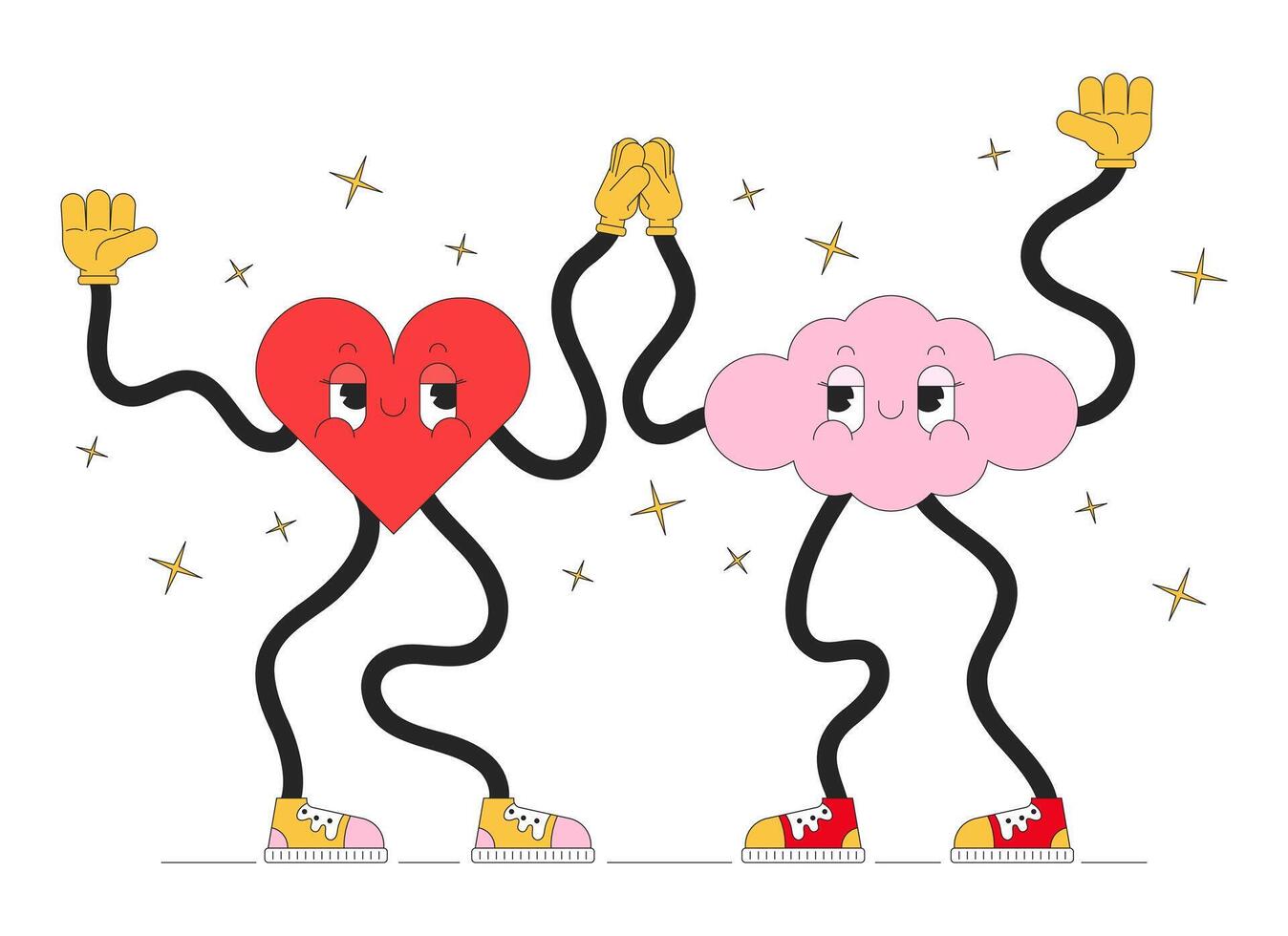 High five groovy heart and cloud 2D linear illustration concept. Wavy hands retro cartoon characters isolated on white. Cute geometric figures high-five metaphor abstract flat outline graphic vector