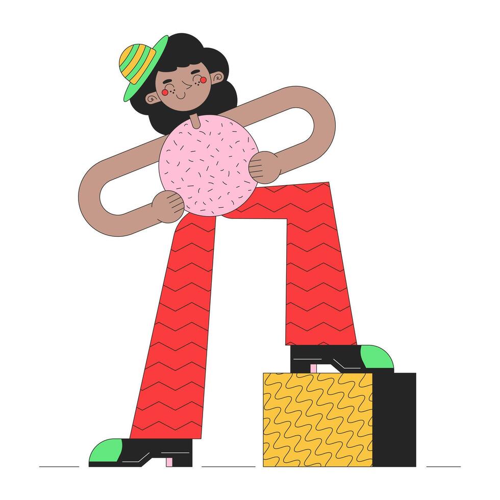 Confident black woman 2D linear illustration concept. Retro groovy cartoon character isolated on white. Cute geometric figure female hands on hips metaphor abstract flat outline graphic vector