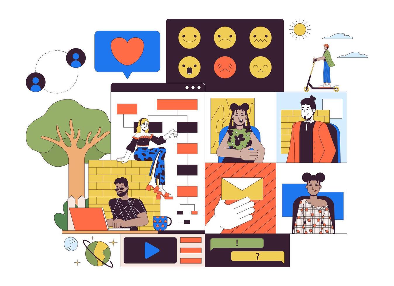 Computer software developers 2D linear illustration concept. Diverse programmers at work cartoon characters isolated on white. Digital products creating metaphor abstract flat outline graphic vector