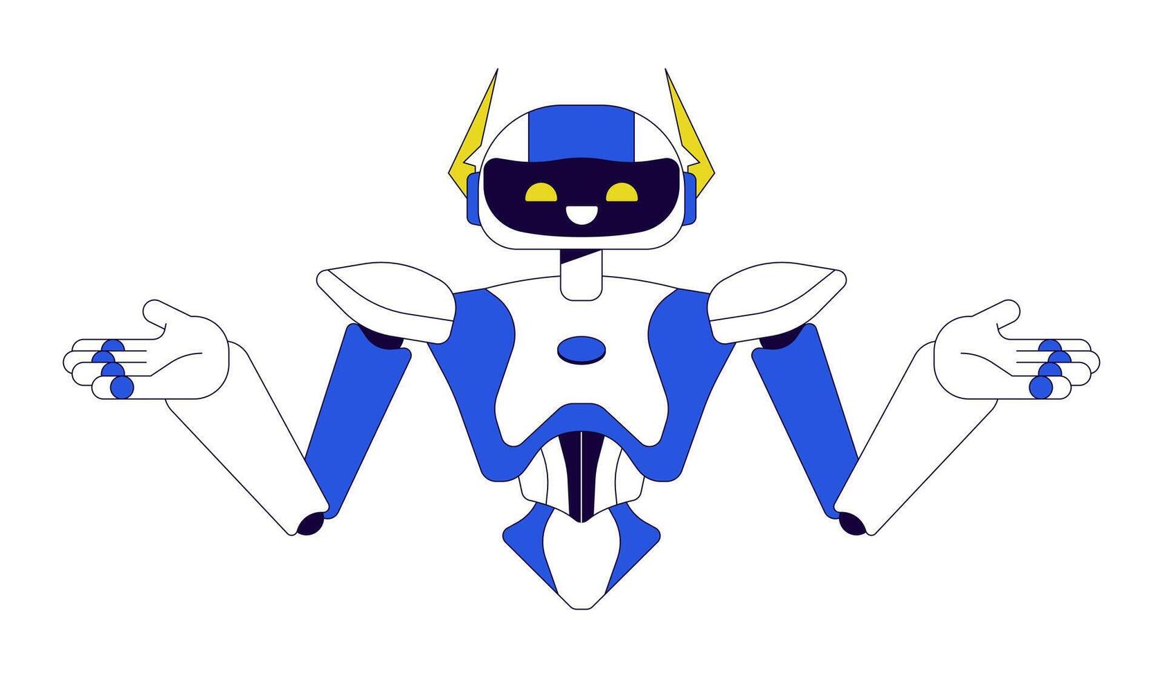 robot espalda encogiéndose de hombros 2d lineal dibujos animados personaje. yo no saber. confuso humanoide aislado línea personaje blanco antecedentes. inteligencia artificial brazos fuera color plano Mancha ilustración vector