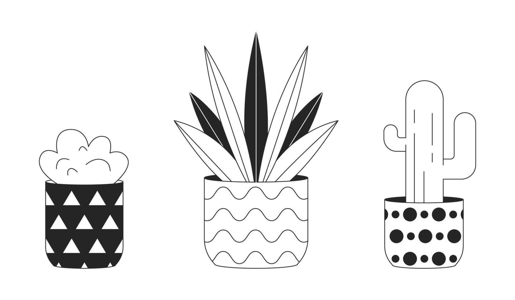 Exotic houseplants in flowerpots black and white 2D line cartoon objects set. Home garden plants growing isolated outline items collection. Interior design monochromatic flat spot illustrations vector
