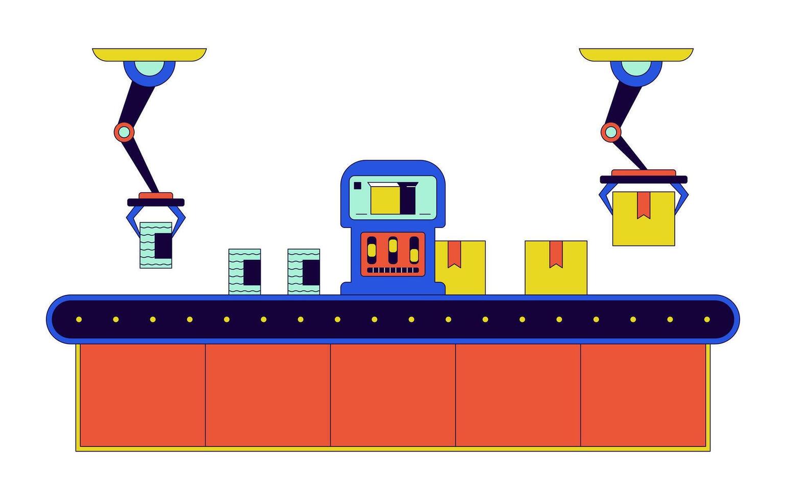 Factory assembly line boxes 2D linear cartoon object. Packaging robotic arms isolated line element white background. Canned food manufacturing automation color flat spot illustration vector