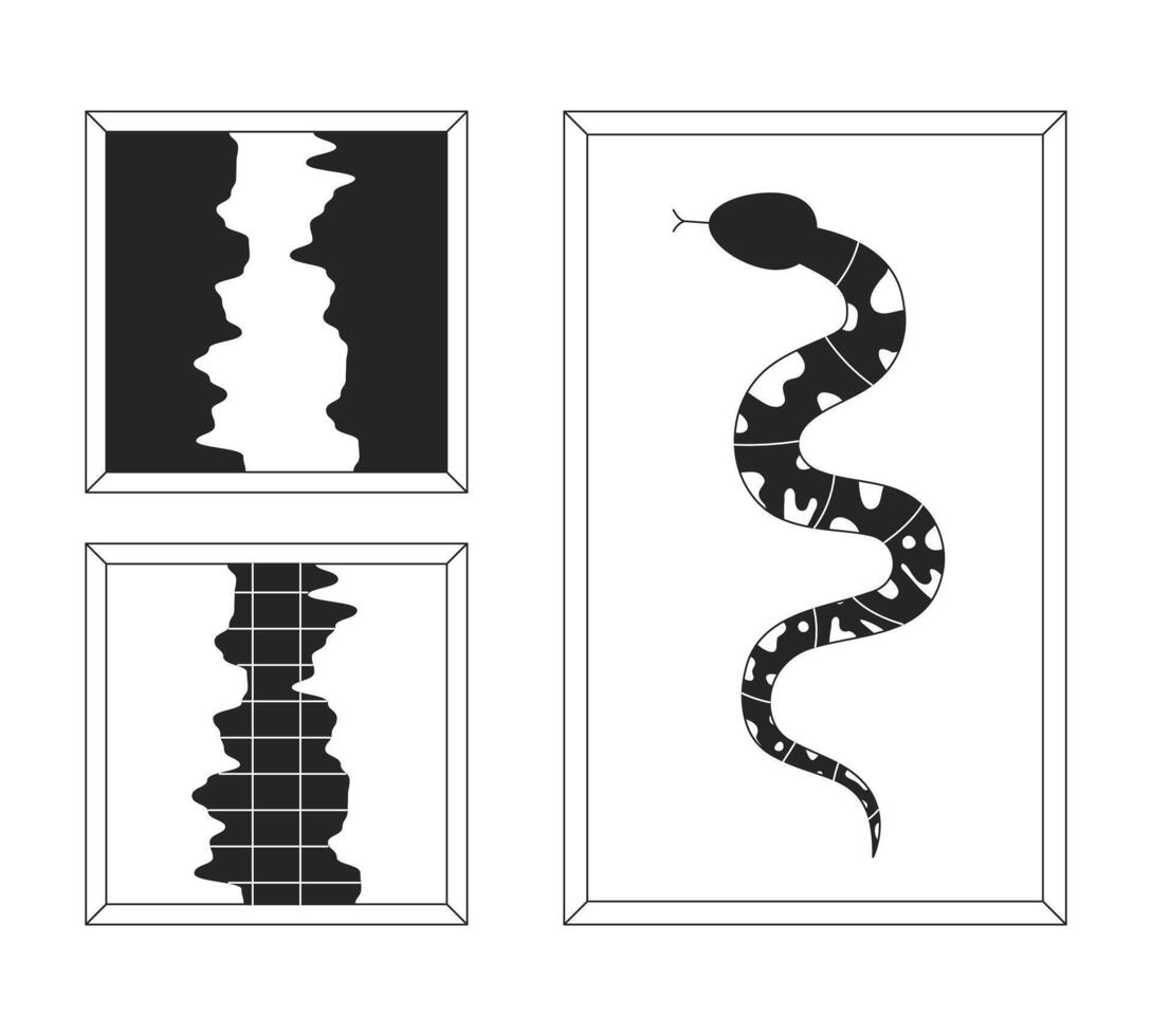 Decorative paintings in frames black and white 2D line cartoon objects set. Images of snake and gaps isolated outline items collection. Interior design monochromatic flat spot illustrations vector