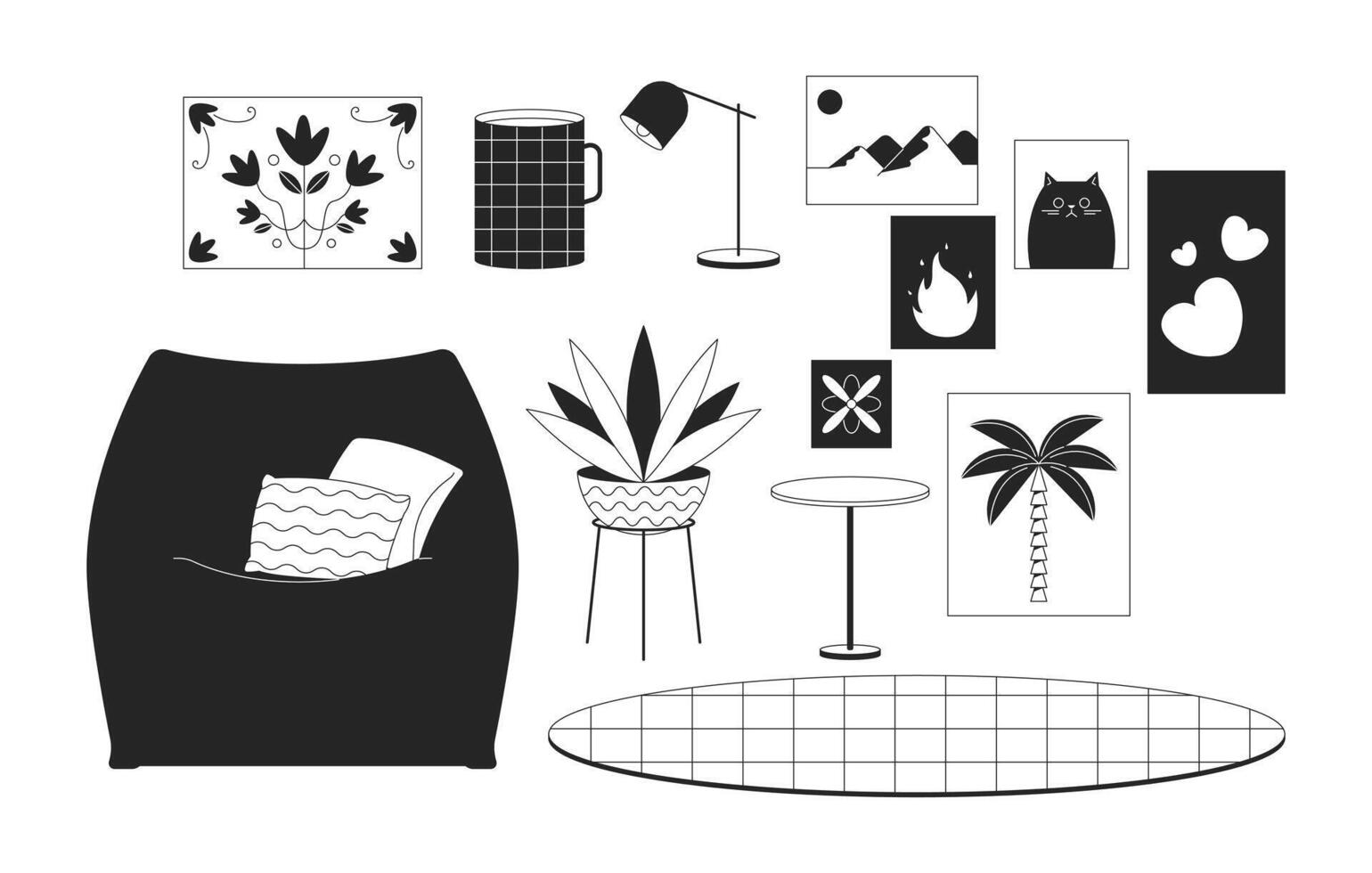 Domestic comfort improvement black and white 2D line cartoon objects set. Furniture and accessories isolated outline items collection. Home interior style monochromatic flat spot illustrations vector