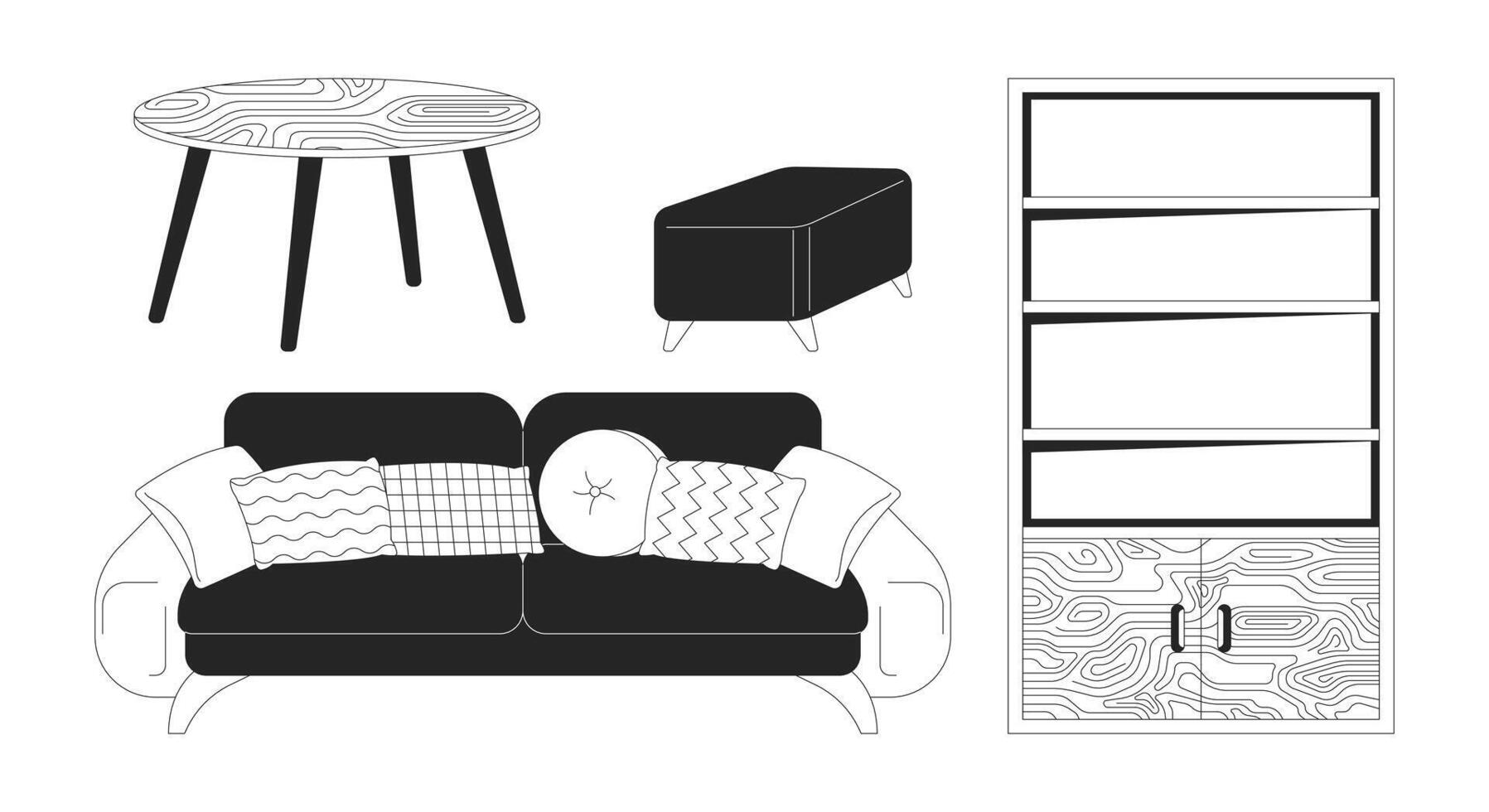 vivo habitación mueble negro y blanco 2d línea dibujos animados objetos colocar. cómodo hogar mobiliario aislado contorno artículos recopilación. interior decoración detalles monocromo plano Mancha ilustraciones vector