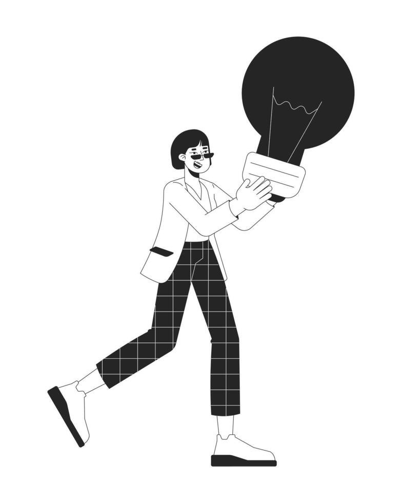 Excited businesswoman holding lightbulb black and white 2D line cartoon character. Showing idea korean young woman isolated outline person. Creativity monochromatic flat spot illustration vector