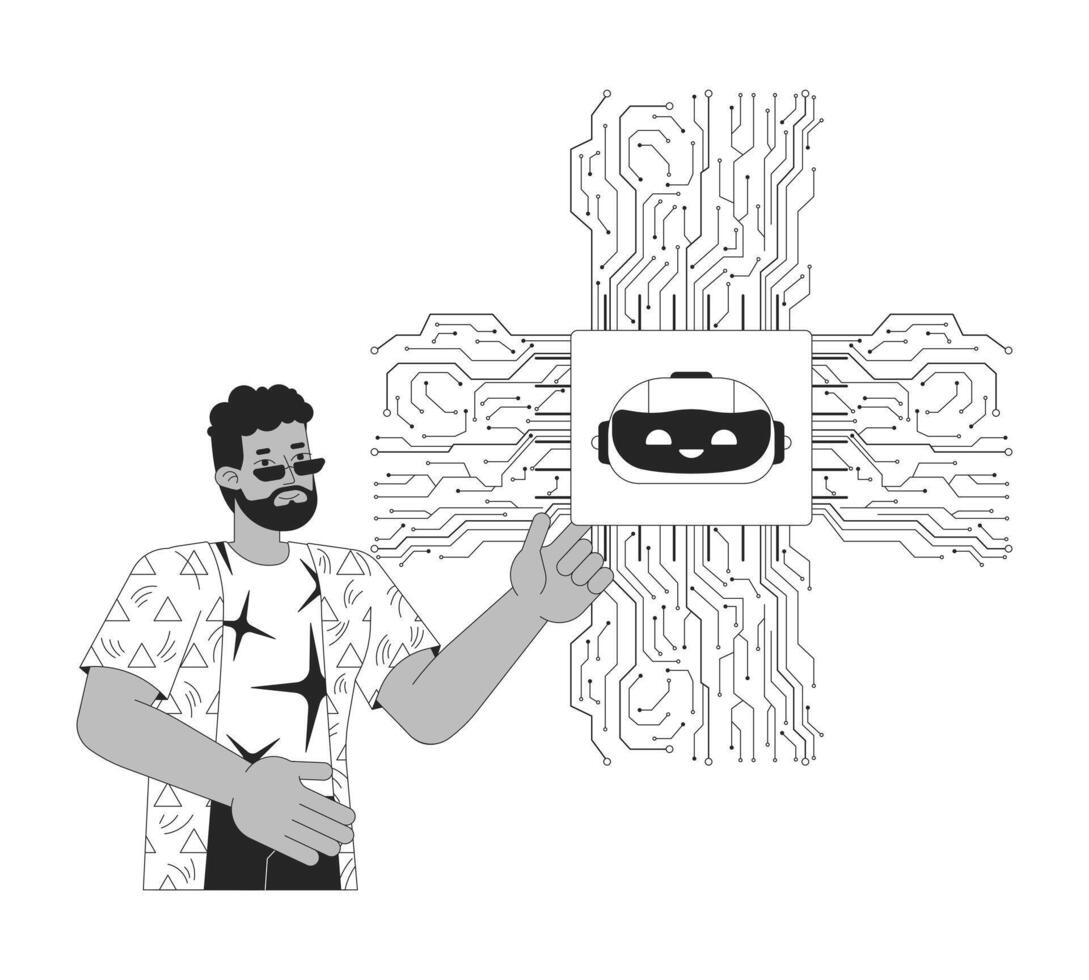 ai optimizado hardware negro y blanco 2d ilustración concepto. inteligencia artificial chip con negro hombre dibujos animados contorno personaje aislado en blanco. pastilla circuito metáfora monocromo Arte vector