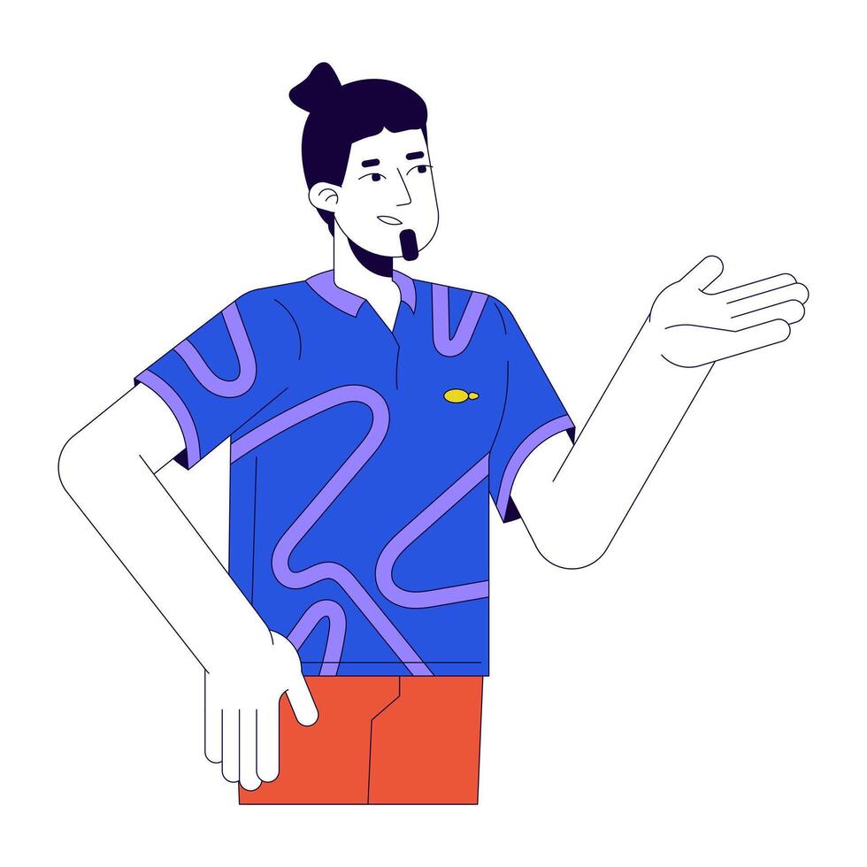 Caucasian guy making suggestion 2D linear cartoon character. Discussion participating man isolated line person white background. Indicative gesture, explaining color flat spot illustration vector