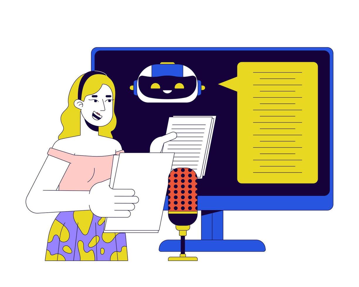 Speech recognition in AI 2D linear illustration concept. Blonde woman microphone in voiceover studio cartoon character isolated on white. Voice to text metaphor abstract flat outline graphic vector