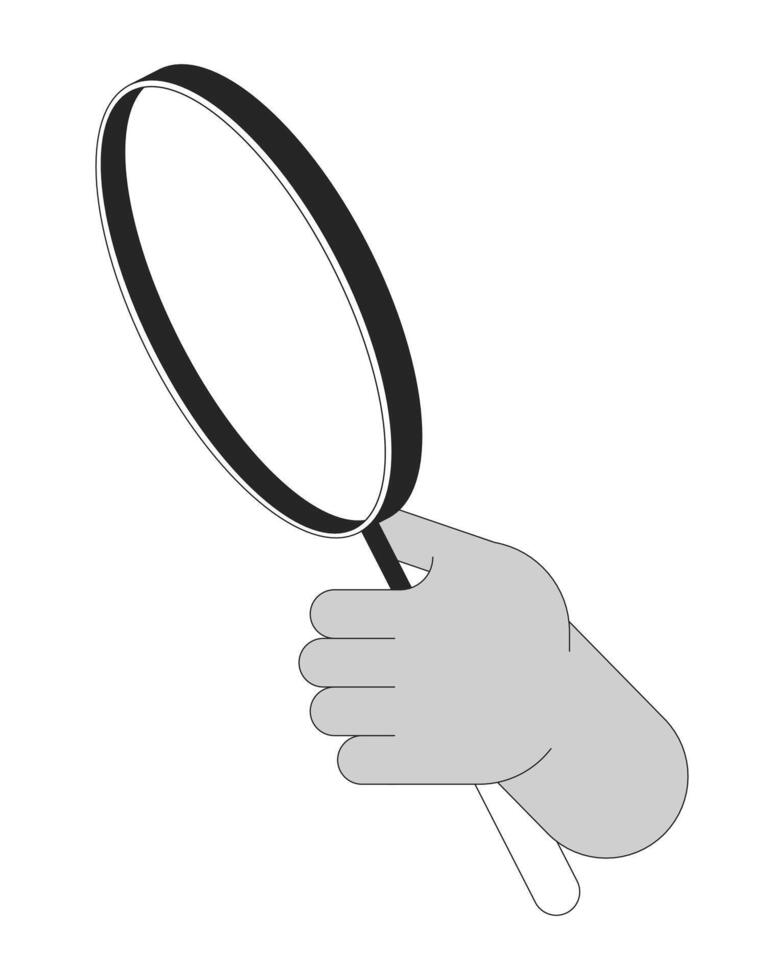 Zoom magnifying glass cartoon human hand outline illustration. Holding loupe 2D isolated black and white image. Focus exploration. Lens searching flat monochromatic drawing clip art vector