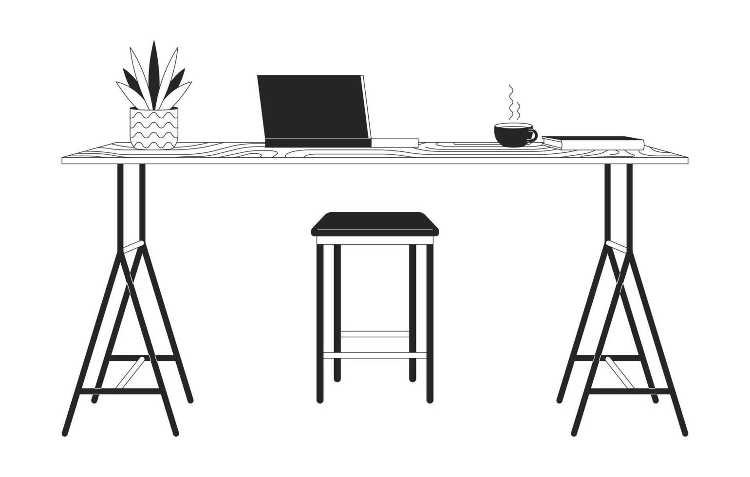 Laptop and coffee on counter table 2D linear cartoon objects. Comfortable place to work isolated outline items collection. Remote workplace furniture monochromatic flat spot illustration vector