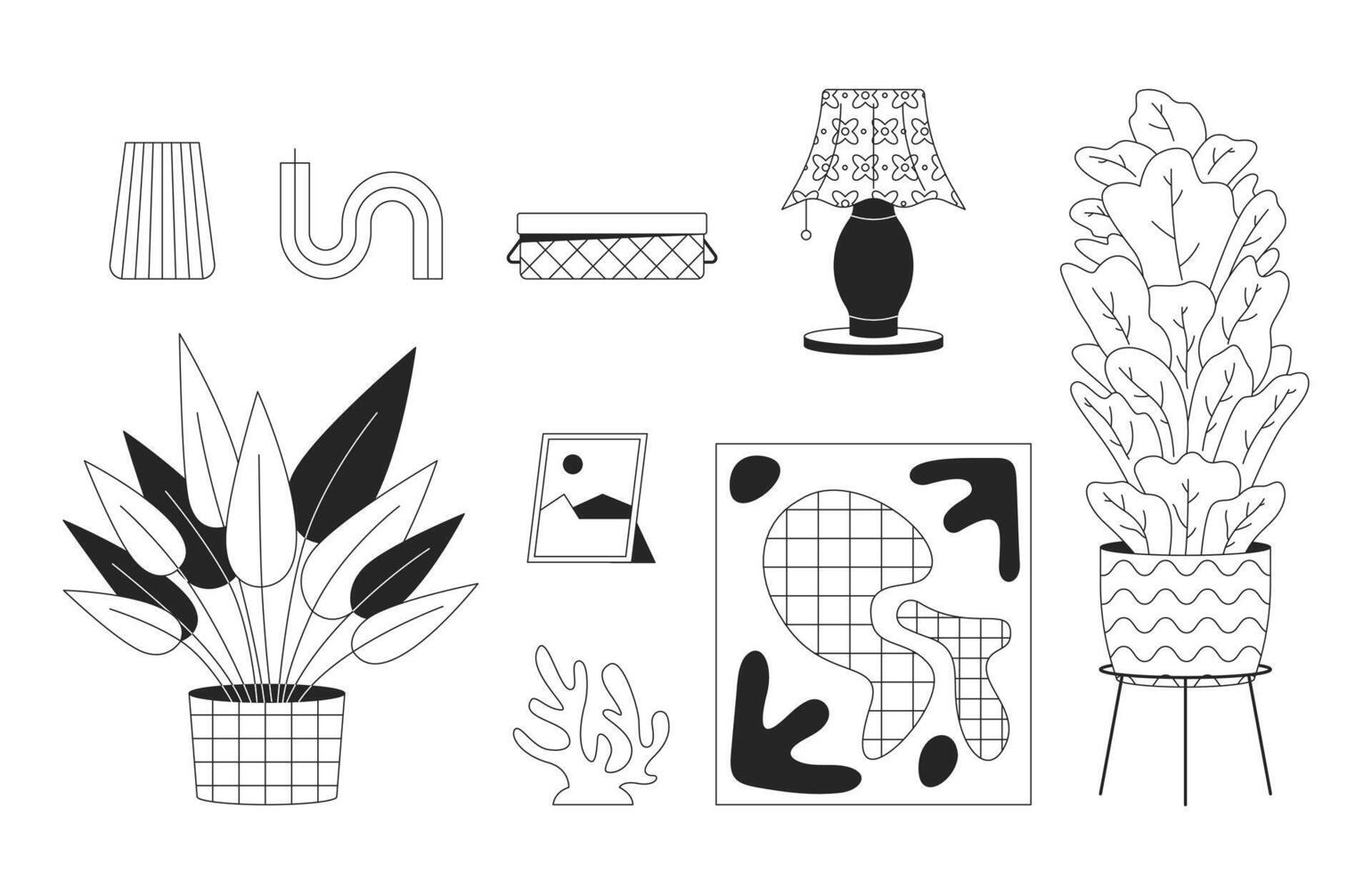 Domestic atmosphere essentials black and white 2D line cartoon objects set. Interior design maintaining isolated outline items collection. Coziness at home monochromatic flat spot illustrations vector