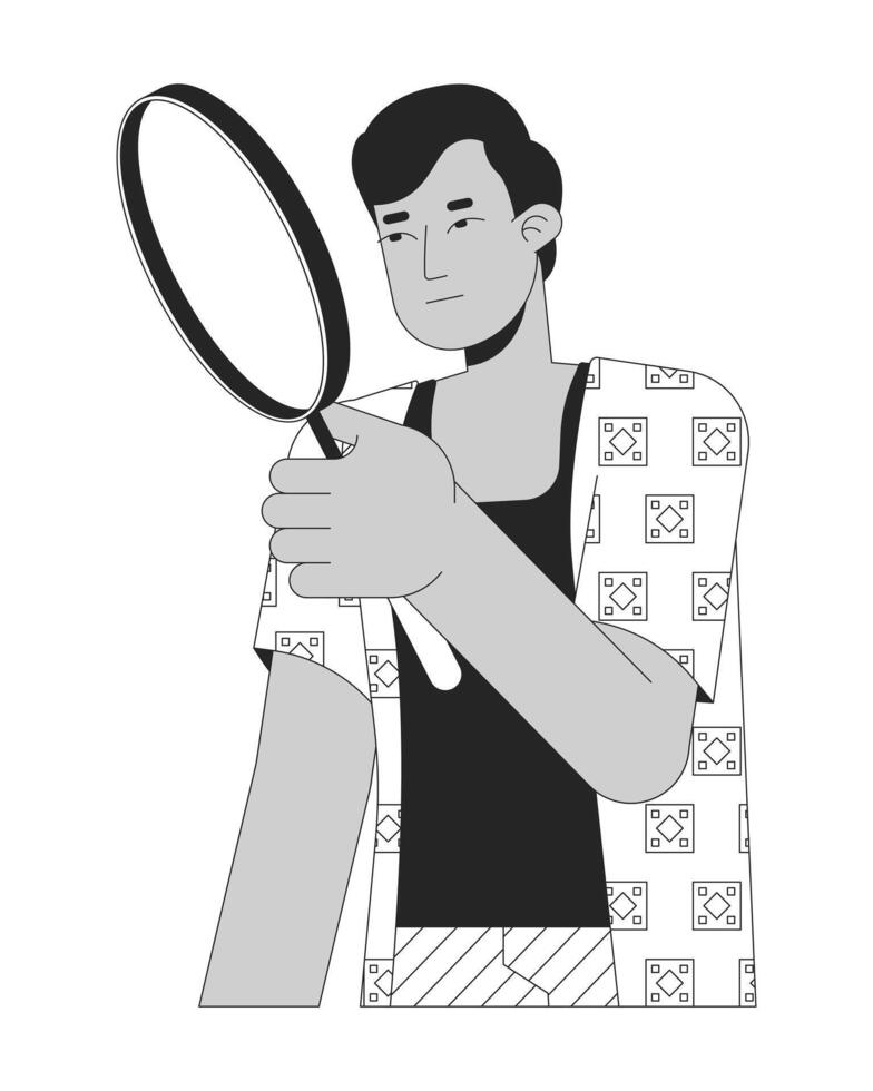 Indian man looking through loupe black and white 2D line cartoon character. Magnifying glass holding guy isolated outline person. Evaluation inspecting monochromatic flat spot illustration vector