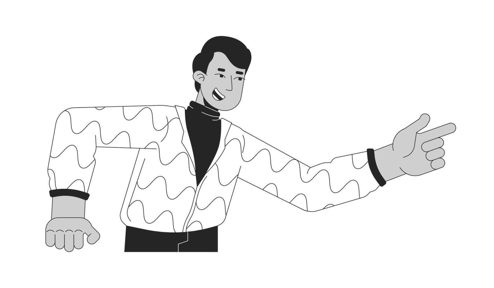 Indian man pointing finger forward black and white 2D line cartoon character. South asian guy gesturing isolated outline person. Attention forefinger monochromatic flat spot illustration vector