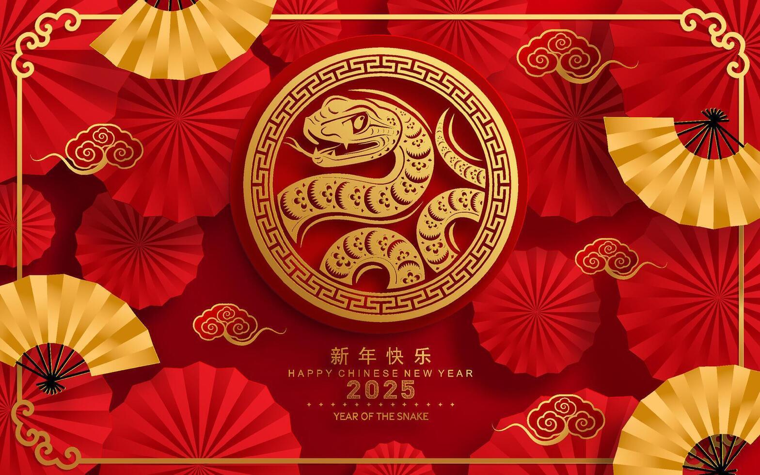 contento chino nuevo año 2025 año de el serpiente con flor linterna asiático elementos rojo y oro tradicional papel cortar estilo en color antecedentes. vector