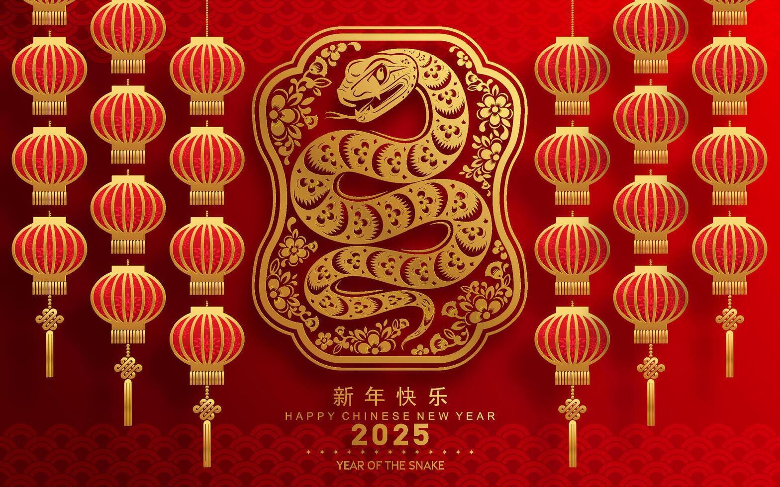 contento chino nuevo año 2025 año de el serpiente con flor linterna asiático elementos rojo y oro tradicional papel cortar estilo en color antecedentes. vector