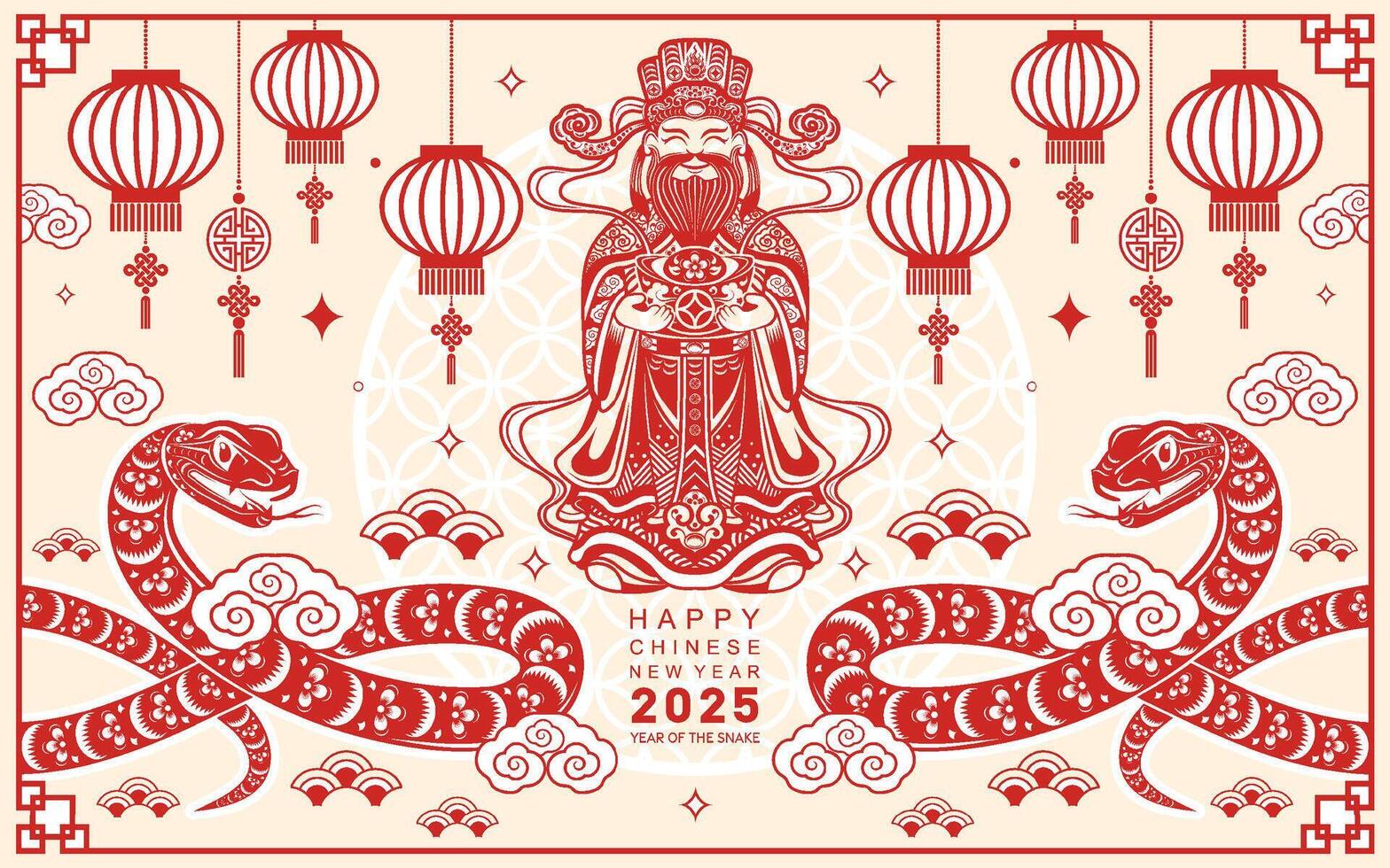 Happy chinese new year 2025 the snake zodiac sign with flower,lantern,asian elements red paper cut style on color background. vector