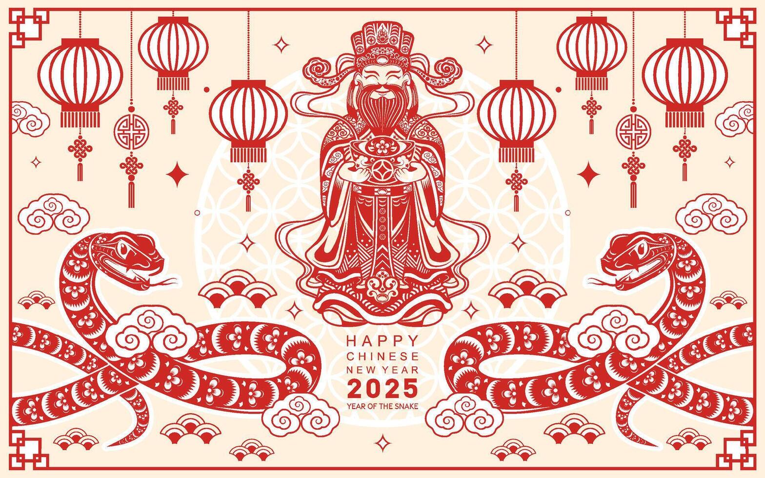 Happy chinese new year 2025 the snake zodiac sign with flower,lantern,asian elements red paper cut style on color background. vector