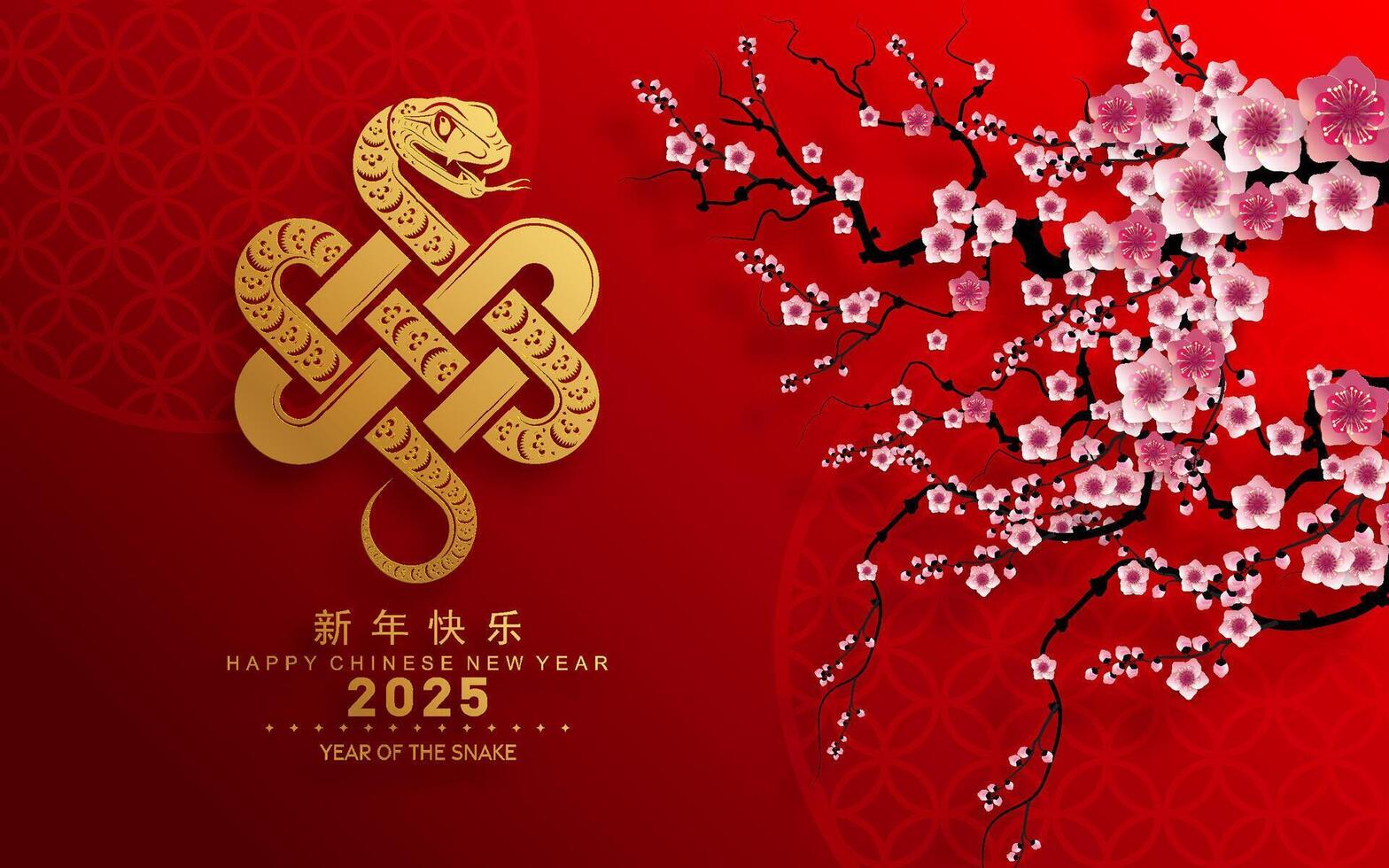 contento chino nuevo año 2025 año de el serpiente con flor linterna asiático elementos rojo y oro tradicional papel cortar estilo en color antecedentes. vector