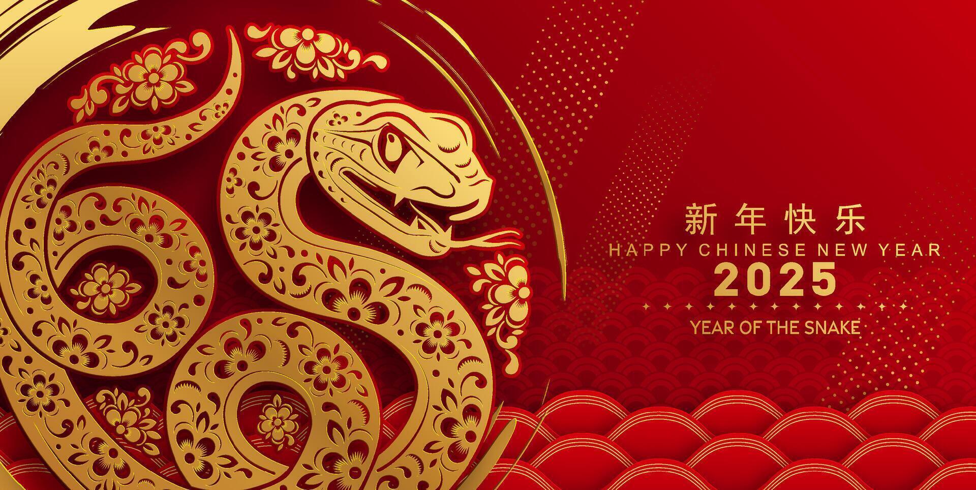 contento chino nuevo año 2025 año de el serpiente con flor linterna asiático elementos rojo y oro tradicional papel cortar estilo en color antecedentes. vector