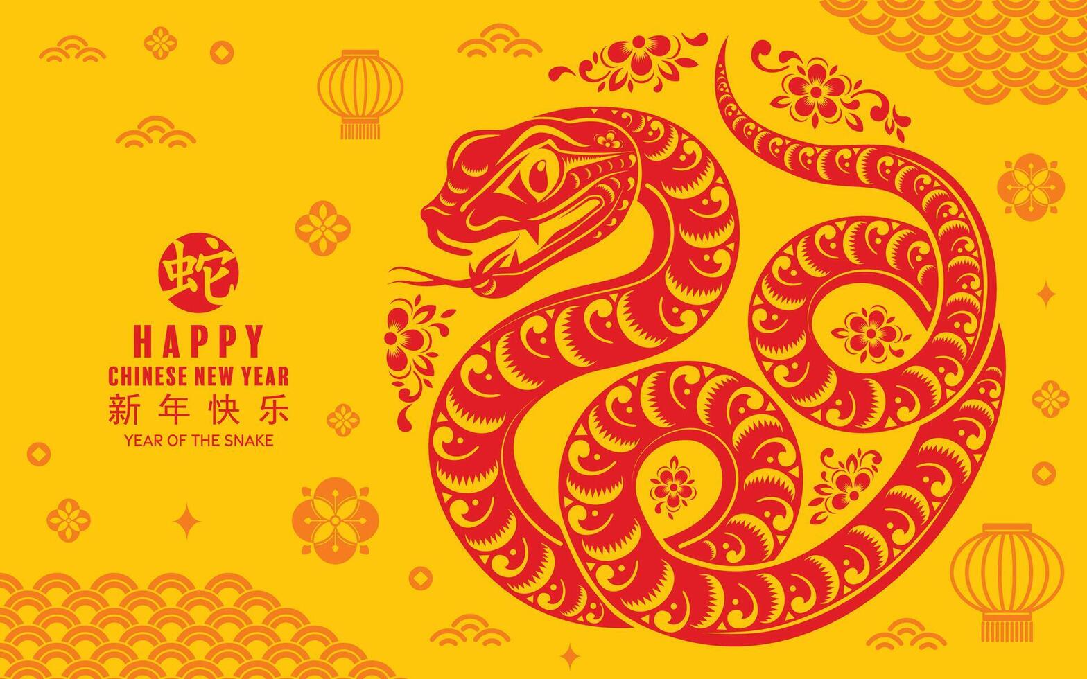 Happy chinese new year 2025 the snake zodiac sign with flower,lantern,asian elements red paper cut style on color background. vector