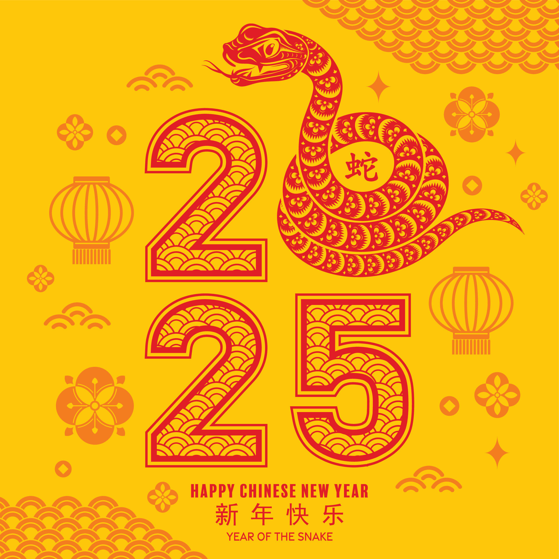 Happy chinese new year 2025 the snake zodiac sign with flower,lantern,asian elements red paper