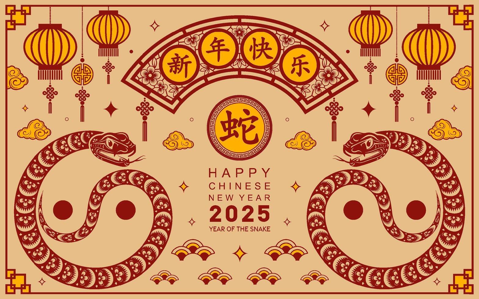 contento chino nuevo año 2025 el serpiente zodíaco firmar con flor,linterna,asiática elementos papel cortar estilo en color antecedentes. vector