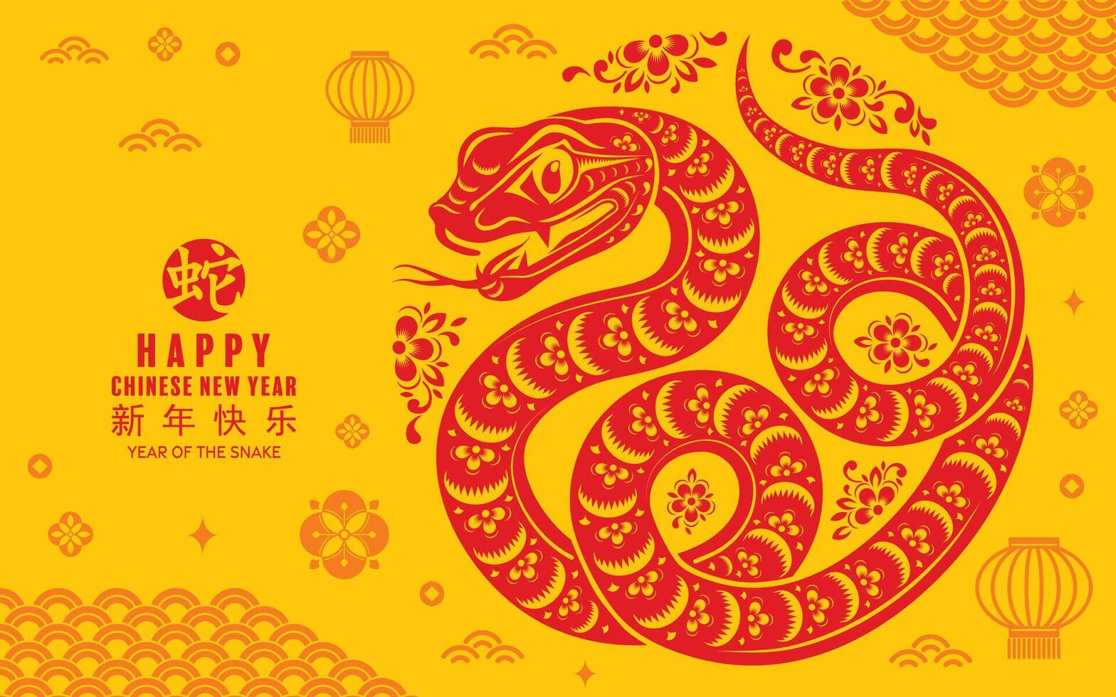 Happy chinese new year 2025 the snake zodiac sign with flower,lantern,asian elements red paper cut style on color background. vector