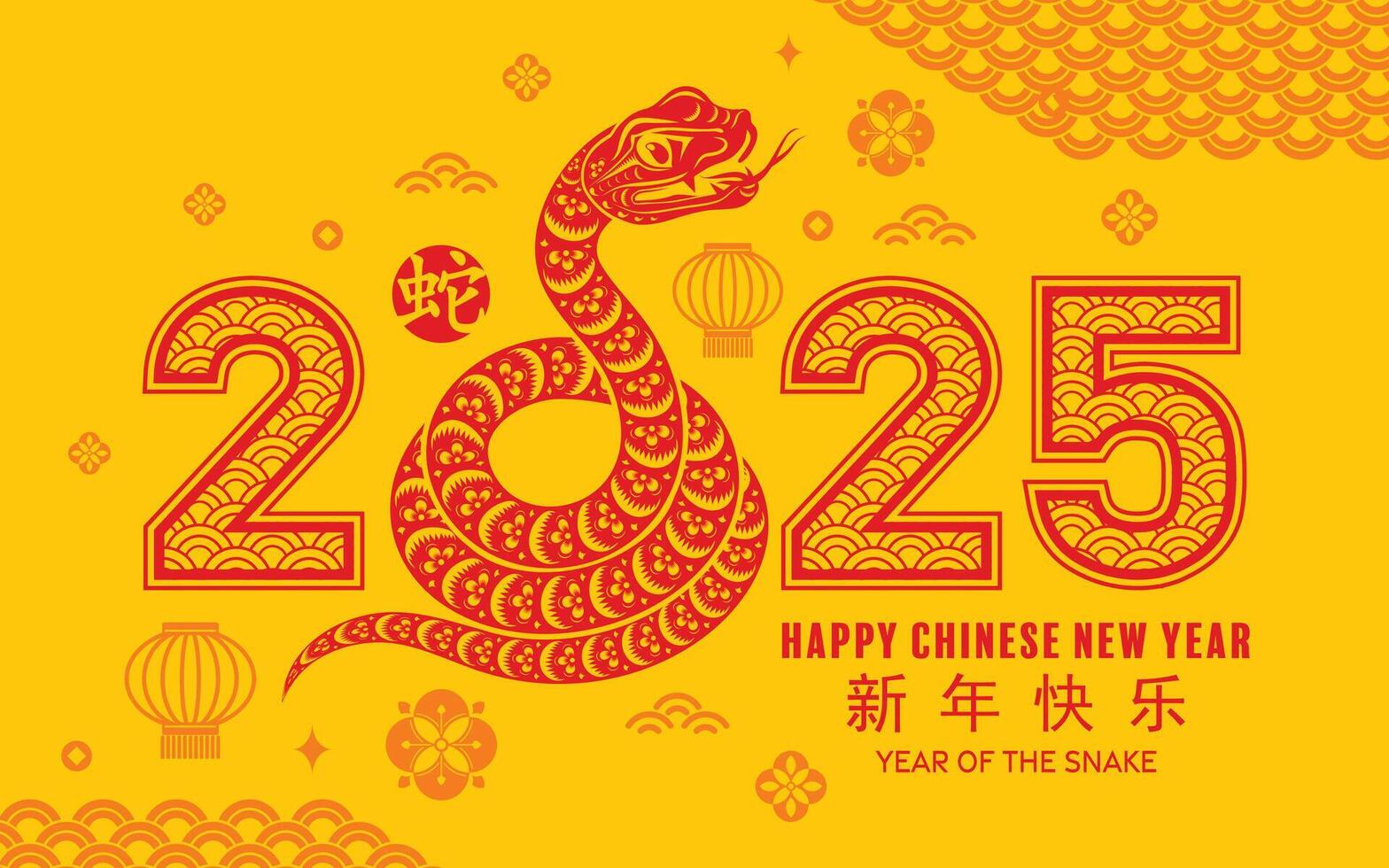 Happy chinese new year 2025 the snake zodiac sign with flower,lantern