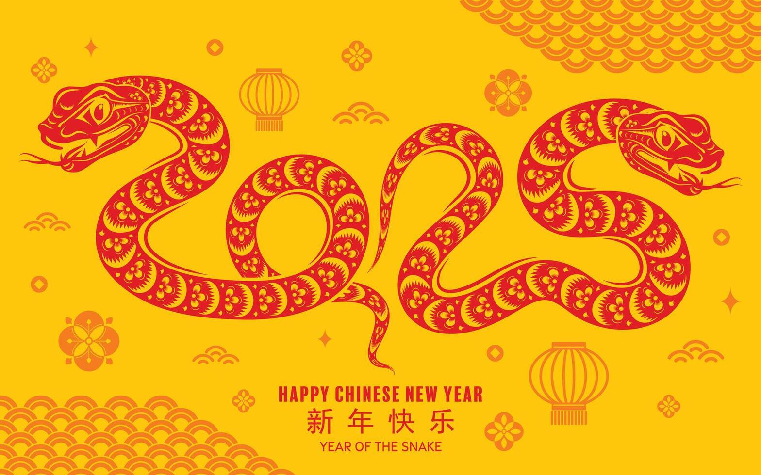 Happy chinese new year 2025 the snake zodiac sign with flower,lantern,asian elements red paper cut style on color background. vector