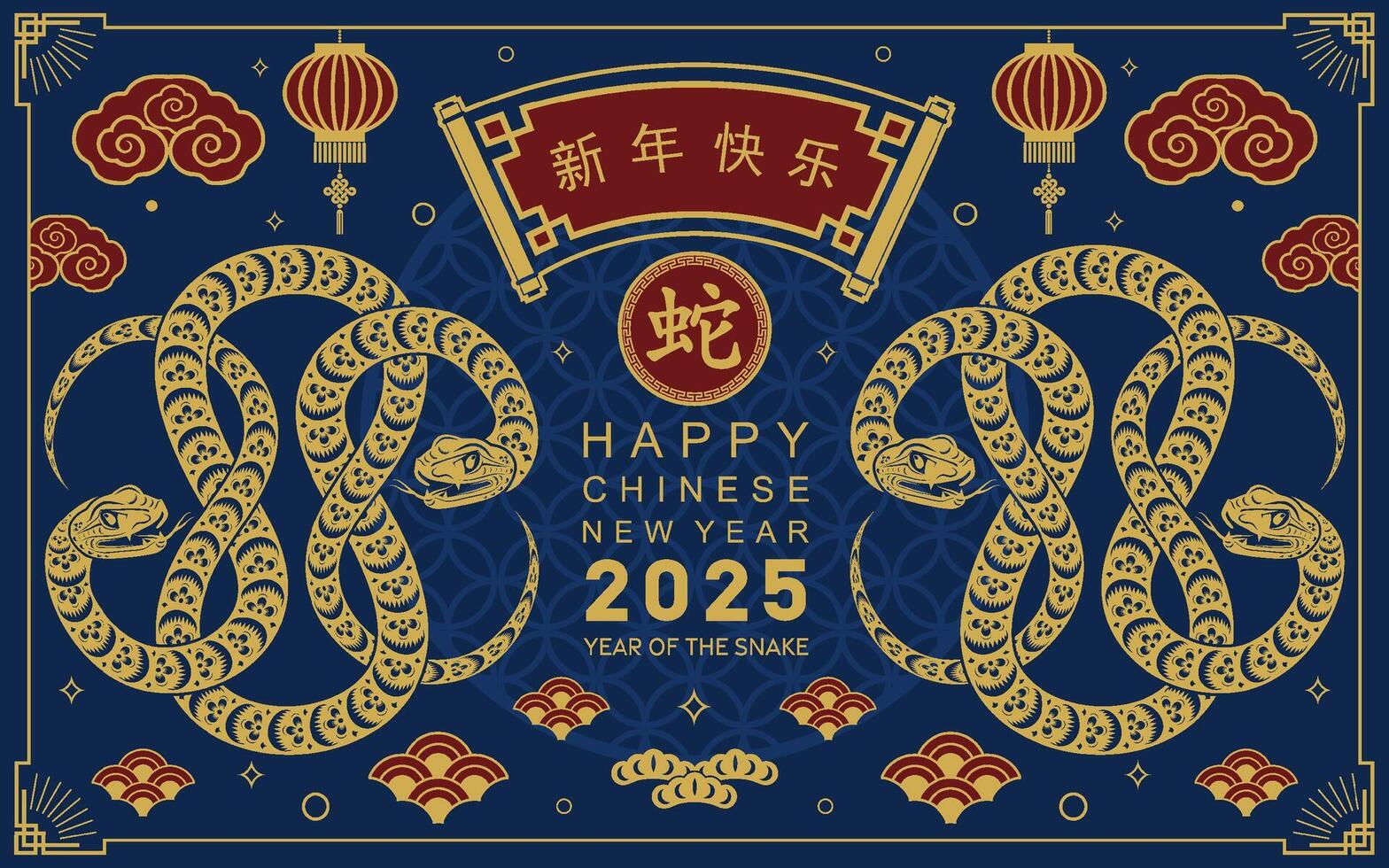 Happy chinese new year 2025 the snake zodiac sign with flower,lantern,asian elements snake logo red and gold paper cut style on color background. Happy new year 2025 year of the snake. vector