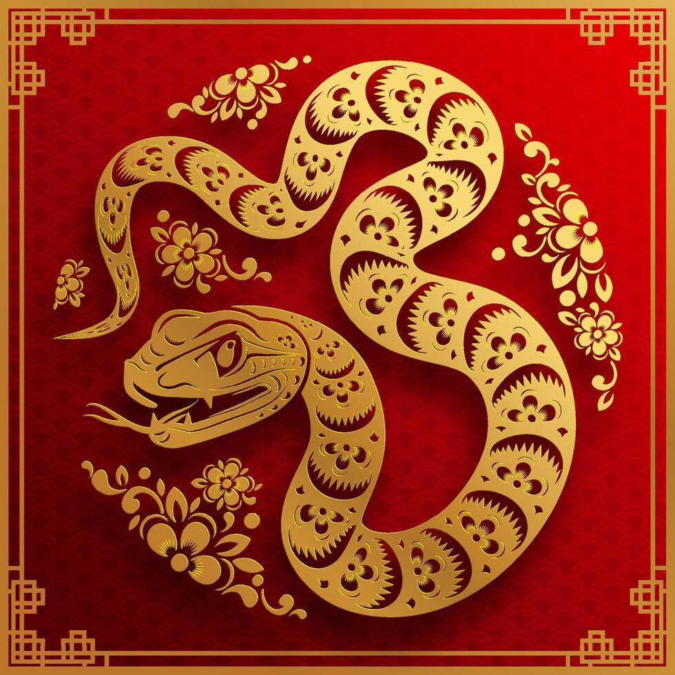 contento chino nuevo año 2025 el serpiente zodíaco firmar con flor,linterna,asiática elementos serpiente logo rojo y oro papel cortar estilo en color antecedentes. contento nuevo año 2025 año de el serpiente. vector