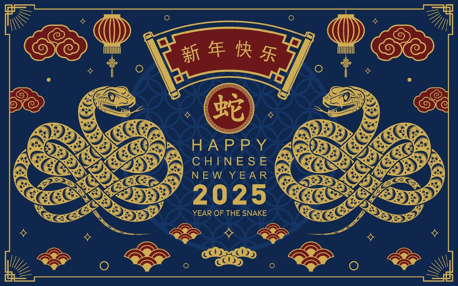 Happy chinese new year 2025 the snake zodiac sign with flower,lantern,asian elements snake logo red and gold paper cut style on color background. Happy new year 2025 year of the snake. vector