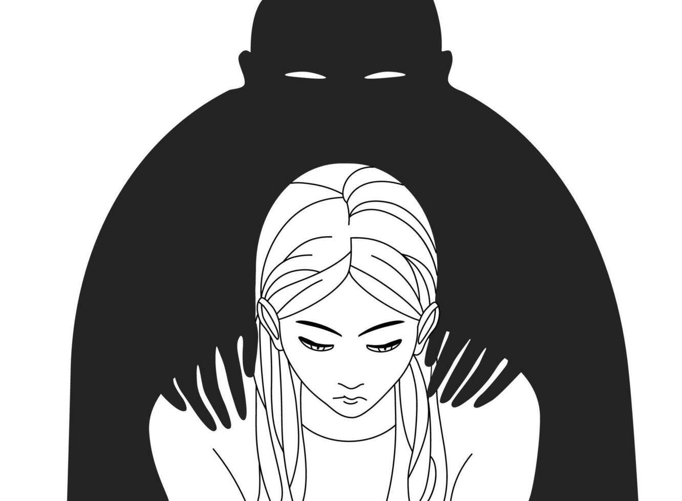 Depressed woman with lowered head and black silhouette of man standing behind and putting his hands on her shoulders. Concept of depression or mental disorder. Monochrome illustration. vector