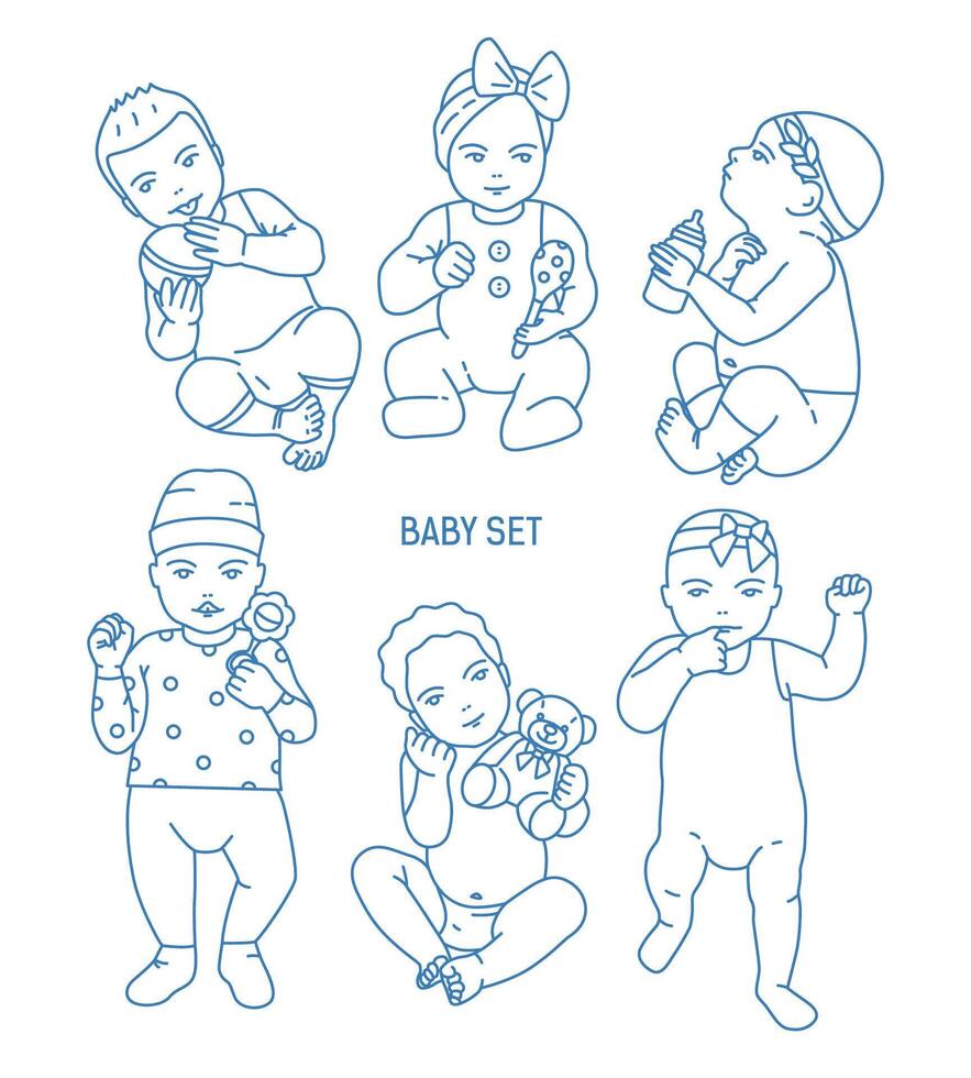 Collection of infant children or babies dressed in various clothes and holding toys and rattles. Set of toddlers in different postures drawn in line art style. Monochrome illustration. vector