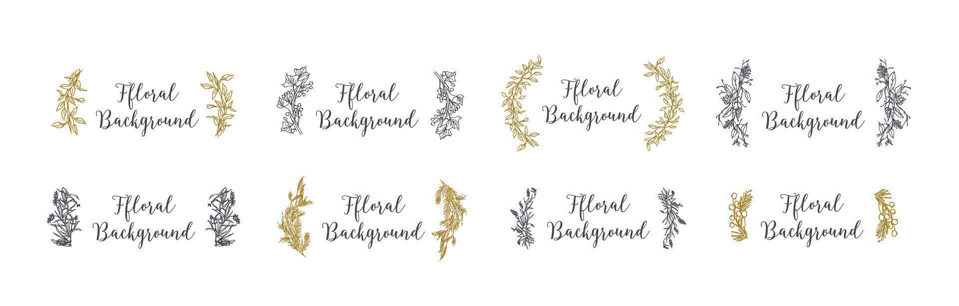 Collection of decorative floral backgrounds hand drawn with contour lines. Set of natural woven decorations made of coniferous tree branches, leaves, flowers and berries. illustration. vector