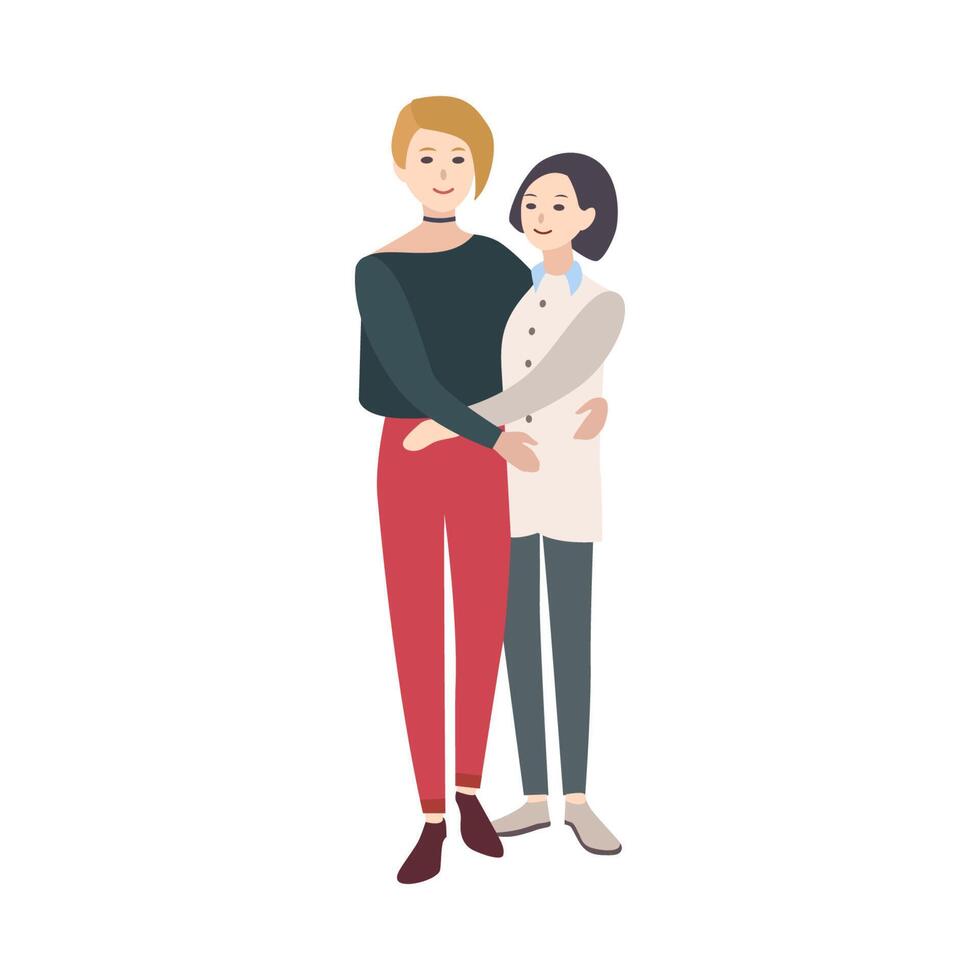 Two young smiling women dressed in trendy clothing, standing together and embracing. Modern lesbian couple. Flat cartoon characters isolated on white background. Colorful illustration. vector