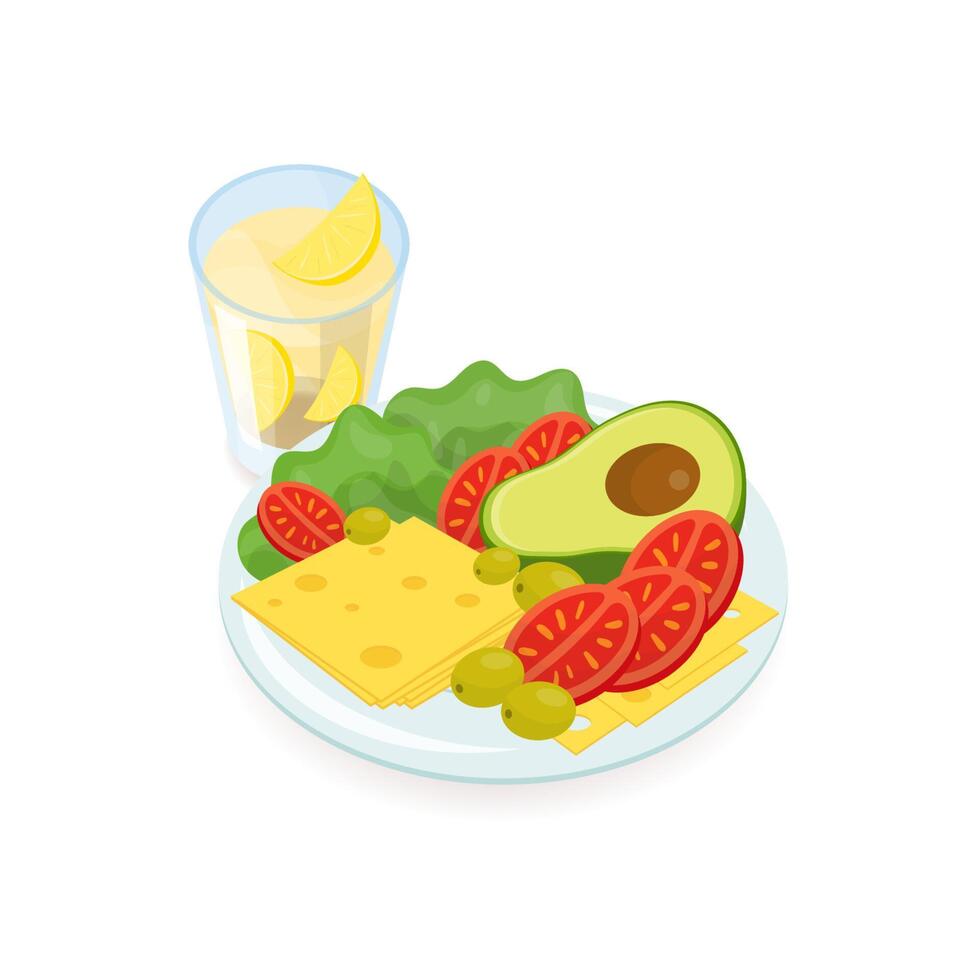 Cheese and tomato slices, salad, avocado and olives lying on plate and glass of orange juice isolated on white background. Healthy breakfast meal, delicious morning dish. Colored illustration. vector
