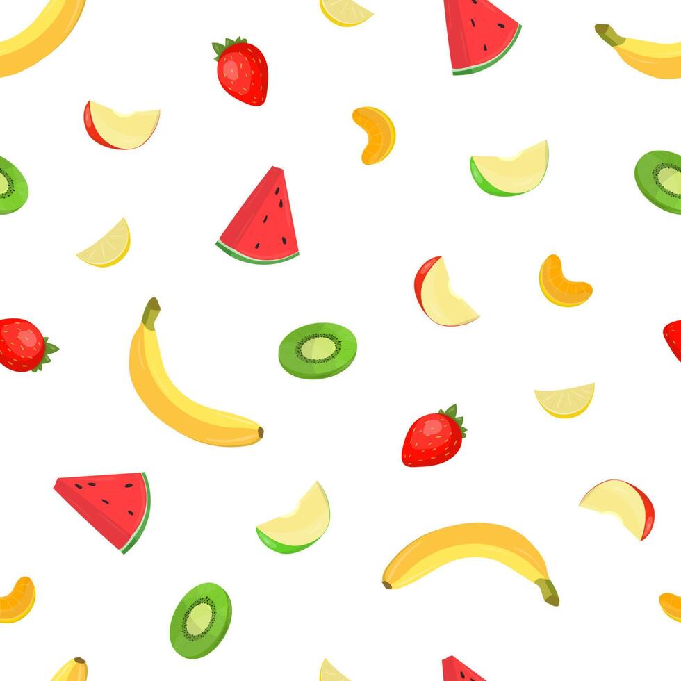 Bright colored seamless pattern with fresh delicious tropical fruits and berries on white background. Backdrop with raw healthy food. illustration for fabric print, wrapping paper, wallpaper. vector