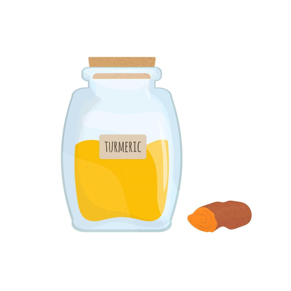 Yellow turmeric powder preserved in transparent kitchen jar isolated on white background. Tasty condiment, oriental food spice, spicy cooking ingredient stored in clear pot. illustration. vector