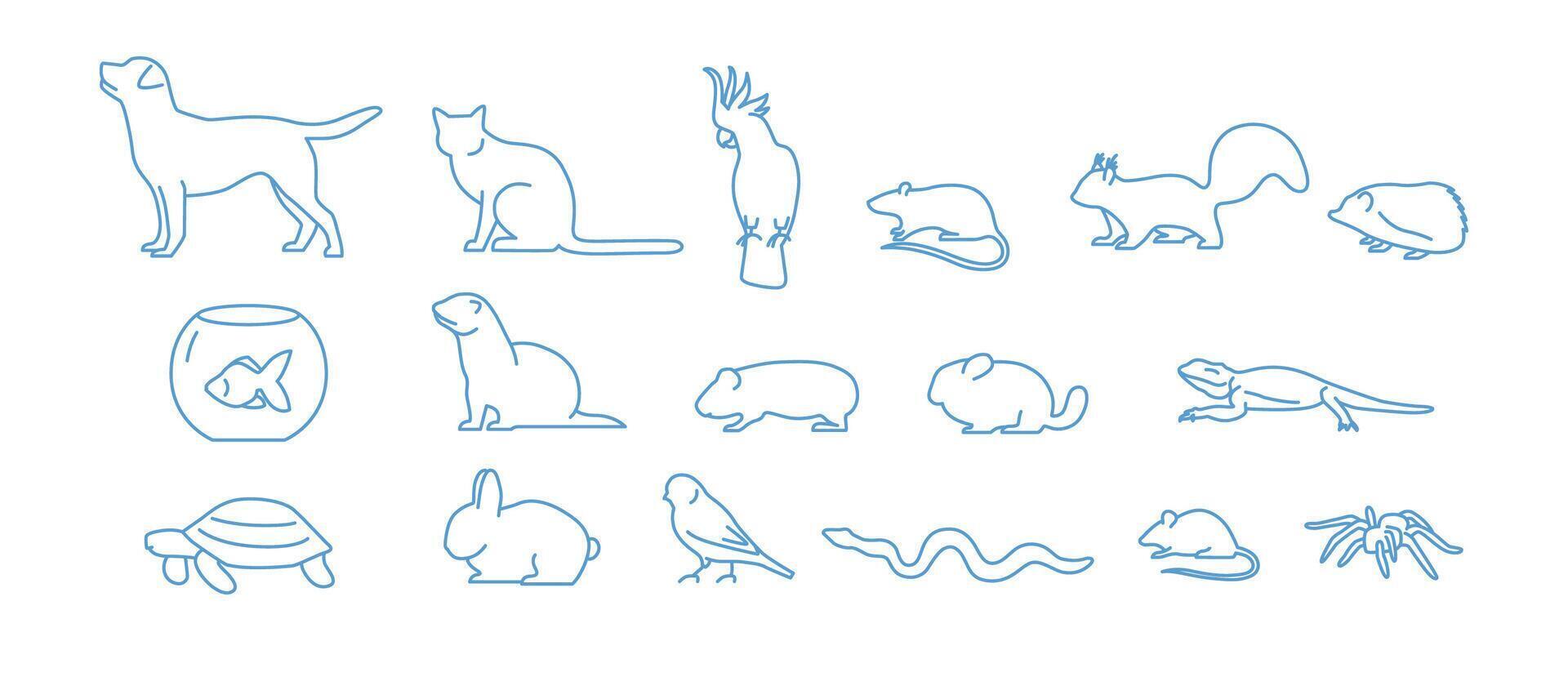 Collection of pet icons drawn with blue contour line on white background. Set of domestic animal linear symbols. illustration. vector