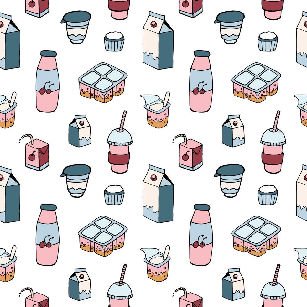 Modern seamless pattern with dairy products drawn on white background - milk, milkshake, berry yogurt, sour cream, curd. Colorful illustration for wallpaper, textile print, wrapping paper. vector