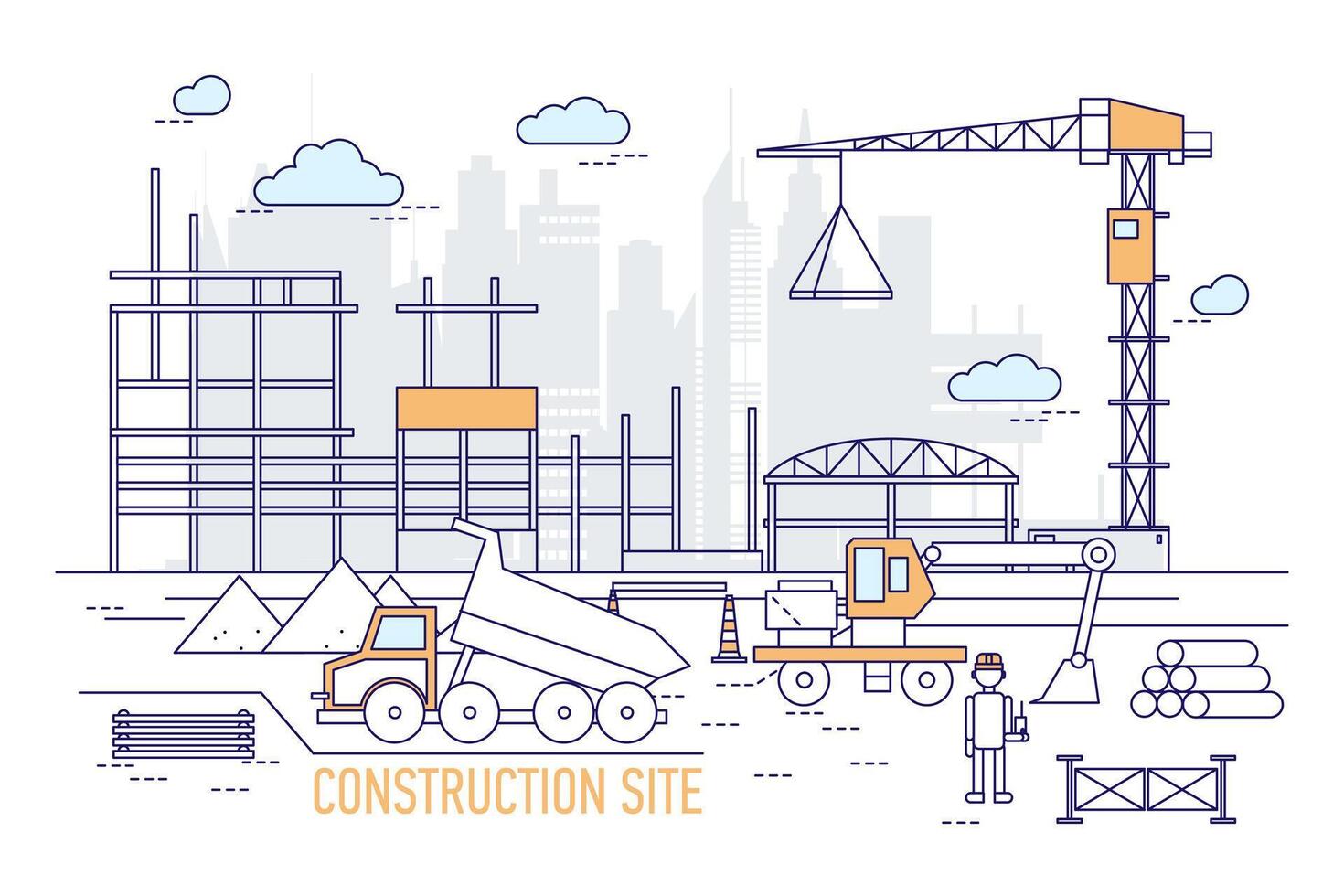 Construction site or area with constructed building, crane, excavator, dump truck, engineer wearing hard hat against silhouettes of skyscrapers on background. illustration in line art style. vector